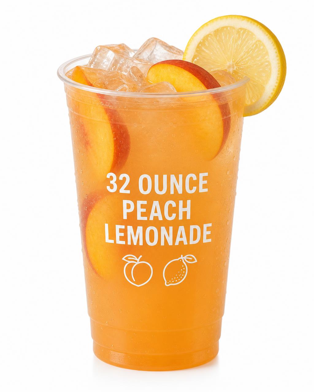 32 ounce clear cup of peach lemonade with fresh peach slices