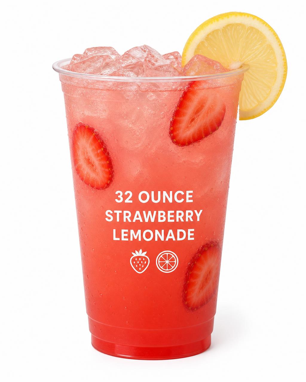 32 ounce clear cup of strawberry lemonade with ice and fresh strawberries